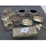 Hallmarked Silver: Trinket box, pill box, napkin ring, condiment set with blue glass liners and five