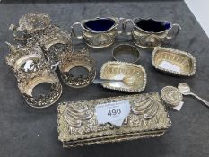 Hallmarked Silver: Trinket box, pill box, napkin ring, condiment set with blue glass liners and five