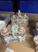 20th cent. Crown Staffordshire floral transfer pattern double inkwell and another chinoiserie