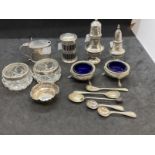 Hallmarked Silver: Collection of condiments. Total weight excluding glass 8.6oz.