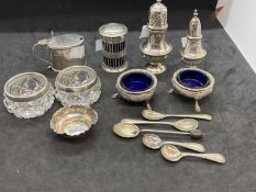 Hallmarked Silver: Collection of condiments. Total weight excluding glass 8.6oz.