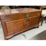 20th cent. Camphor trunk, carved front and lid which lifts to reveal sliding tray. With original
