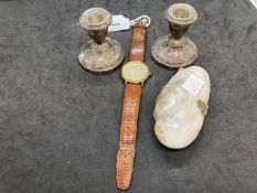 Watches: Gentleman's gold plated rotary Quartz strap watch, filled silver mantel sticks. Weight 4.