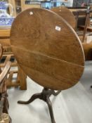 18th cent. Oak tilt top table on three splayed legs. 31½ins. x 30½ins. x 27½ins.