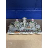 Chamberlains Worcester inkstand, floral bocage and painted decoration, gilt embellished, two ink