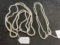 Jewellery: Necklet, single row of cultured pearls. Length 36ins. Plus necklet, single row of