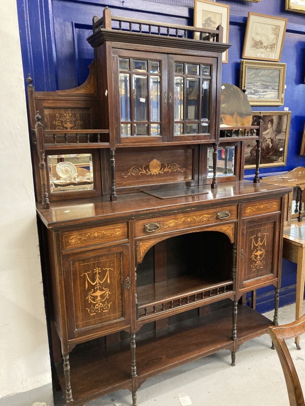 19th cent. Rosewood display cabinet with inlay, two glazed doors over one long drawer and two