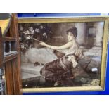 19th cent. Reverse glass portrait of a maiden playing a mandolin. 17ins. x 13ins. Plus a circular