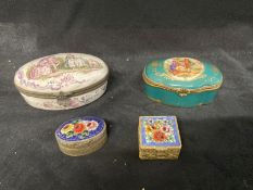 19th/Early 20th cent. Patch Boxes: Enamel oval box depicting couple and chaperone, white ground