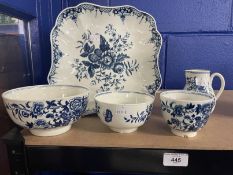 18th cent. Worcester c1770-1780 blue and white porcelain, small cream jug 4¼ins, two sugar bowls,