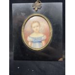 18th cent. Portrait miniature on ivory, a young girl in ebonised frame, unsigned. 4¾ins. x 4ins.