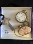 Jewellery: White metal open faced pocket, two brooches , one ring, bangle and one cross. All tests