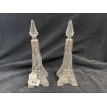 Victorian matching pair of cut glass and silver collar Eiffel Tower scent bottles, Birmingham 1900.