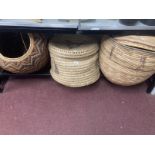 Africa/Tribal Art: Three hand woven grass baskets with lids (one large round, one large cylindrical,