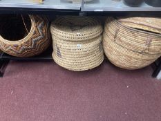 Africa/Tribal Art: Three hand woven grass baskets with lids (one large round, one large cylindrical,