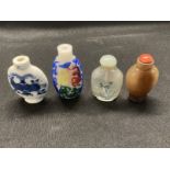 Chinese Snuff Bottles: Glass jadeite and porcelain, brown with red cover, translucent with painted