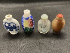 Chinese Snuff Bottles: Glass jadeite and porcelain, brown with red cover, translucent with painted