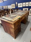 19th cent. Mahogany stained nine drawer twin pedestal desk with brass drop handles. Approx. 66ins. x