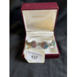 Jewellery: Victorian ladies 9K white gold bracelet set with three oval cabochon cut opals, two 14.