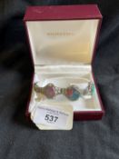 Jewellery: Victorian ladies 9K white gold bracelet set with three oval cabochon cut opals, two 14.