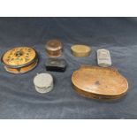 19th & 20th cent. Snuff/Patch Boxes: Papier mache x 1, metal circular x 2, embossed x 1, oval