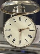 Hallmarked Silver: Georgian pair cased open faced pocket watch having white dial with black Roman
