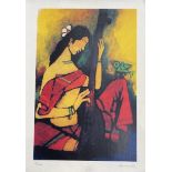 •Maqbool Fida Husain (Indian 1915-2011): Woman playing a sitar Signed and numbered print 50/100