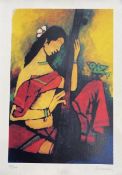 •Maqbool Fida Husain (Indian 1915-2011): Woman playing a sitar Signed and numbered print 50/100