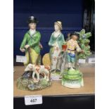 19th cent. Staffordshire pearlware figures, gamekeeper and dog, female archer beside a straw