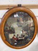 Early 20th cent. Oval frames with convex glass depicting stylised printed Tudor scenes, a pair.