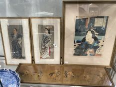 Japanese Ukiyo-e woodblock print depicting a Geisha. 13ins. x 9ins. Two Japanese portraits on