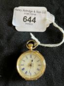 Watches: Yellow metal fob watch 32.5mm in diameter, ivory coloured dial, blue Roman numerals,