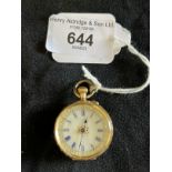 Watches: Yellow metal fob watch 32.5mm in diameter, ivory coloured dial, blue Roman numerals,