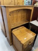 20th cent. Pine single wardrobe, bedside chest and bookcase. (3)