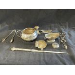 Hallmarked Silver: Cream jug, shell condiment, fork, sugar spoon, paper knife with steel blade,