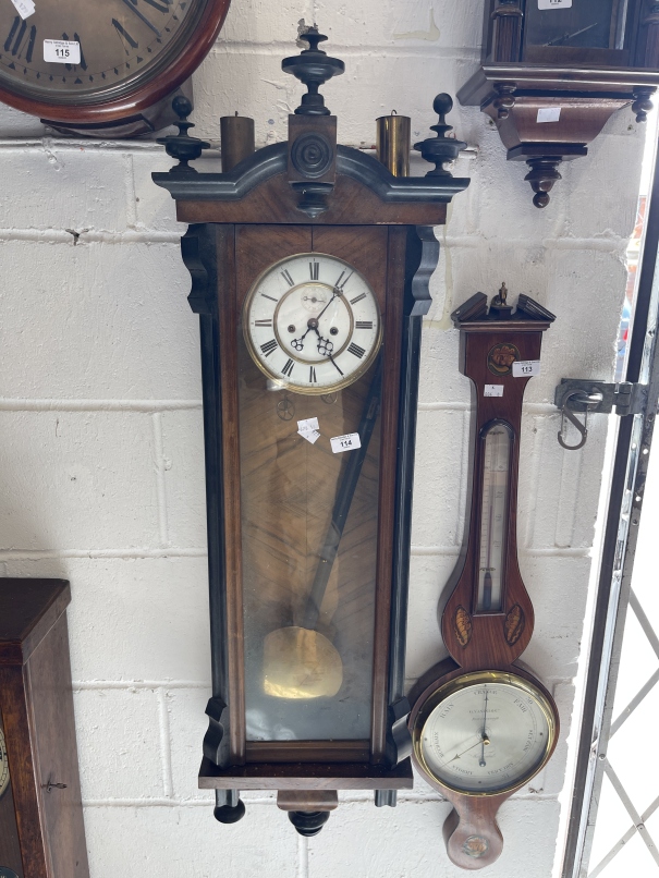 Clocks: Early 20th cent. Mahogany Vienna regulator wall clock enamelled face with Roman numerals and