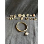 Silver Jewellery: Rings x 4, brooches x 4, pendants x 2, charms x 4, one bangle, and a pair of