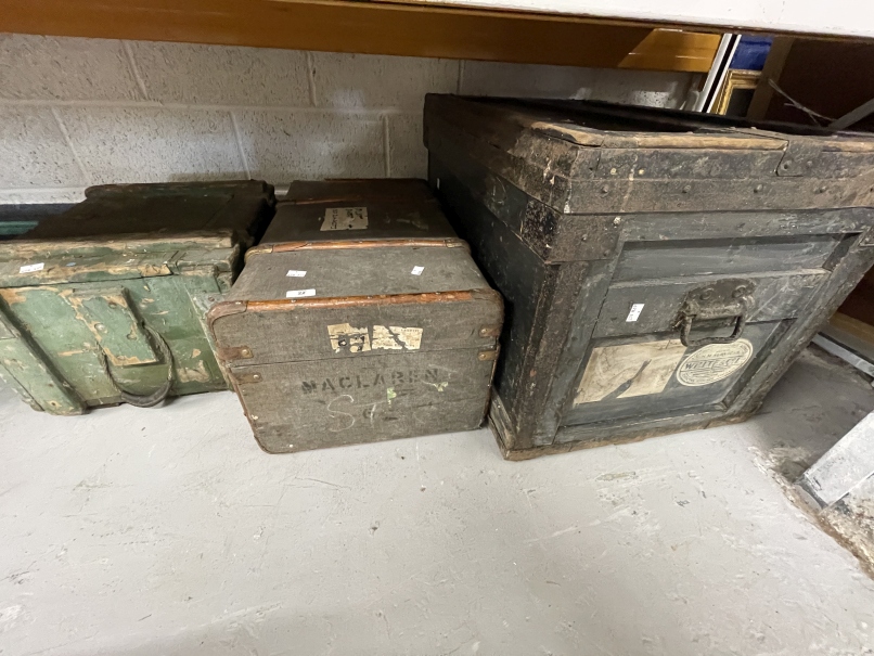 Zinc lined wooden crate,wooden box, wooden bound suitcase and two crates of assorted hand tools