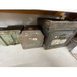 Zinc lined wooden crate,wooden box, wooden bound suitcase and two crates of assorted hand tools