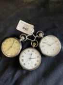 Watches: Three open faced pocket watches. One tests as silver, white dial, black Roman numerals; a