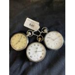 Watches: Three open faced pocket watches. One tests as silver, white dial, black Roman numerals; a