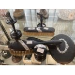 Victorian ebony and silver six piece dressing table set including ring holder.