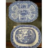 19th cent. Blue transfer printed meat ovals, Bovey Tracey Wild Rose pattern 18ins. x 14ins, Wedgwood