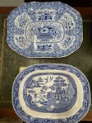 19th cent. Blue transfer printed meat ovals, Bovey Tracey Wild Rose pattern 18ins. x 14ins, Wedgwood