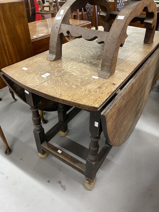 18th cent. Oak gate leg table A/F. Plus 19th cent. cross frame stool with dog decoration A/F. (2)