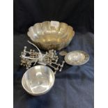 White metal Swiss silver stamped 800 fruit bowl, tea strainer and plated knife rests. Silver Total