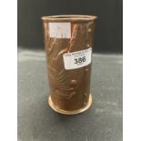 Newlyn Copper: Cylindrical vase, the body worked with fish swimming amongst seaweed, stamped