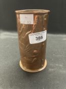 Newlyn Copper: Cylindrical vase, the body worked with fish swimming amongst seaweed, stamped