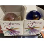 Glass: Caithness paperweights, Desert Orchid #489 and Virtuoso #274, both boxed.