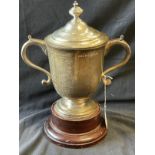 Hallmarked Silver: Trophy, double scroll handles with cover attached. Height including cover 8ins.
